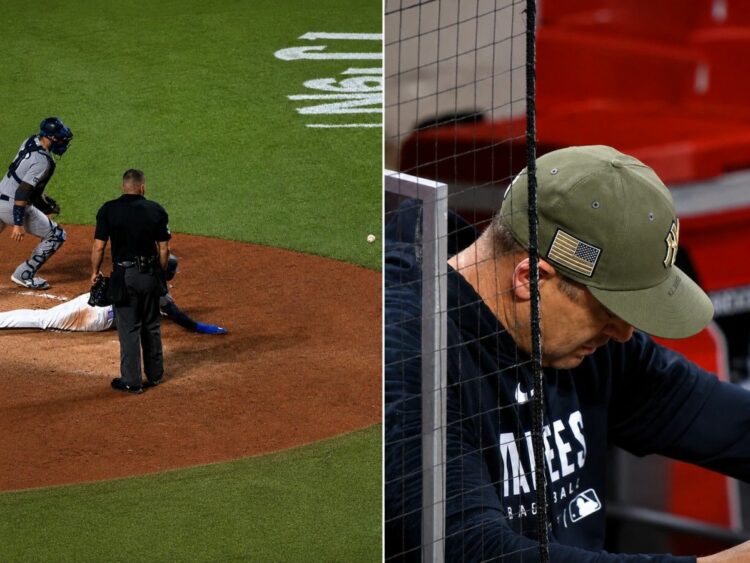 Yankees manager Aaron Boone reacts after Carlos Rodon's wild pitch led to two Mets runs in 6-3 loss in New York, May 16, 2026.