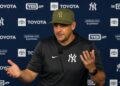 Aaron Boone talks to the reporters after the Yankees' 7-6 loss to the Mets. New York, May 17, 2026.