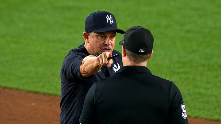 Manager Aaron Boone argues with the umpire before his 48th ejection during the Yankees' 5-4 win over the Blue Jays, New York, May 19, 2026.