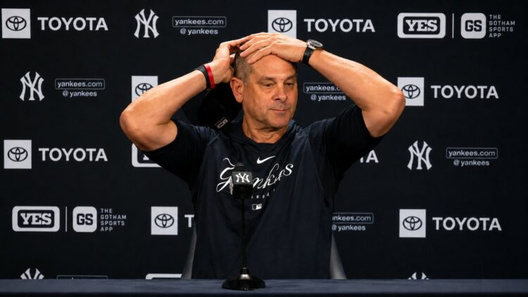 Manager Aaron Boone talks to the reporters after the Yankees' 2-1 loss to the Blue Jays, New York, May 20, 2026.