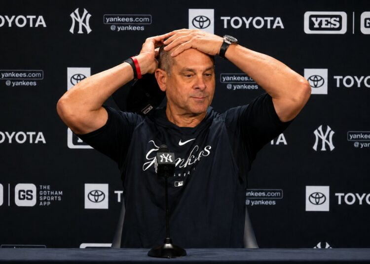 Manager Aaron Boone talks to the reporters after the Yankees' 2-1 loss to the Blue Jays, New York, May 20, 2026.
