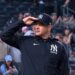 Aaron Boone salutes as the famous phrase of John Sterling was played as a tribute after the Yankees 12-1 win over the Orioles. May 4. 2026, New York.