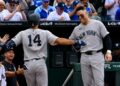 Aaron Judge was with Amed Rosario after latter's second home run in the Yankees' 15-1 win over the Royals, Kansas City, May 26, 2026.