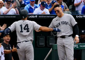 Aaron Judge was with Amed Rosario after latter's second home run in the Yankees' 15-1 win over the Royals, Kansas City, May 26, 2026.