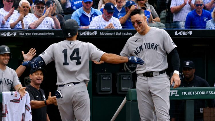 Aaron Judge was with Amed Rosario after latter's second home run in the Yankees' 15-1 win over the Royals, Kansas City, May 26, 2026.
