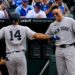Aaron Judge was with Amed Rosario after latter's second home run in the Yankees' 15-1 win over the Royals, Kansas City, May 26, 2026.