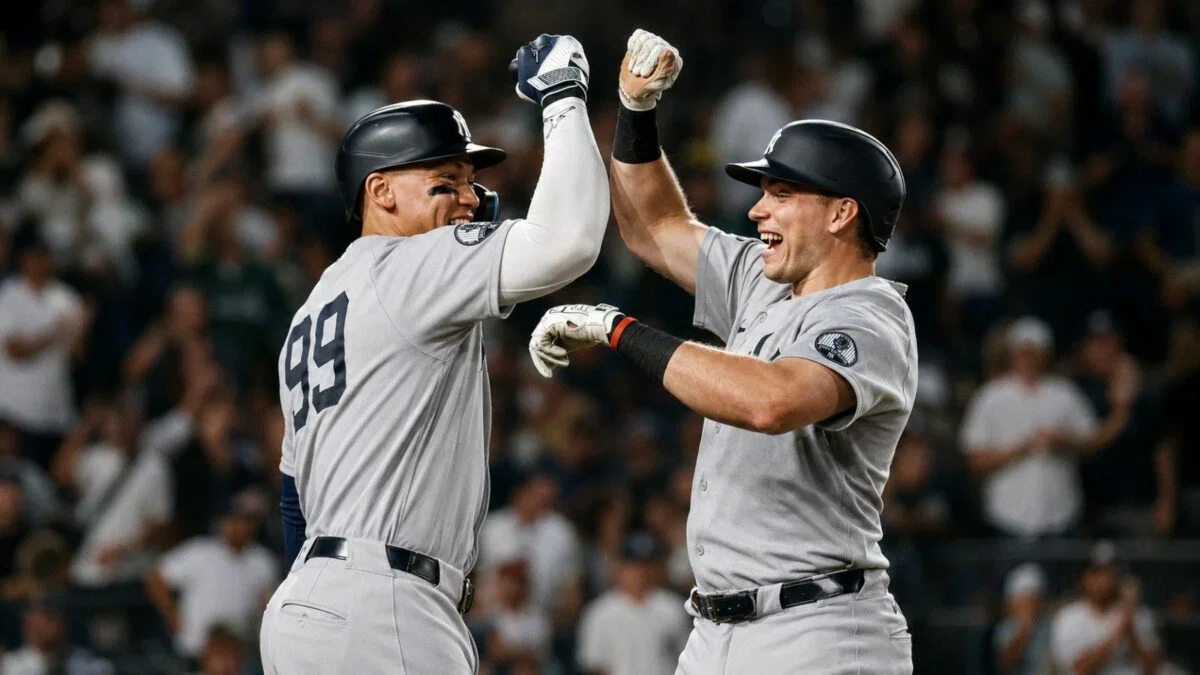 Ben Rice celebrates with Aaron Judge after hitting a home run in the Yankees' 8-2 rout of the A's in Sacramento, May 29, 2026.