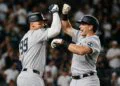 Ben Rice celebrates with Aaron Judge after hitting a home run in the Yankees' 8-2 rout of the A's in Sacramento, May 29, 2026.