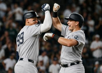 Ben Rice celebrates with Aaron Judge after hitting a home run in the Yankees' 8-2 rout of the A's in Sacramento, May 29, 2026.