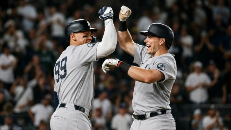 Ben Rice celebrates with Aaron Judge after hitting a home run in the Yankees' 8-2 rout of the A's in Sacramento, May 29, 2026.