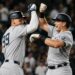 Ben Rice celebrates with Aaron Judge after hitting a home run in the Yankees' 8-2 rout of the A's in Sacramento, May 29, 2026.