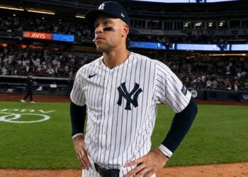Aaron Judge looks at as the famous phrase of John Sterling was played as a tribute after the Yankees 12-1 win over the Orioles. May 4. 2026, New York.