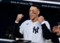 Yankees captain Aaron Judge celebrates as Rice homers during 7-2 win over the Orioles in New York, May 1, 2026.