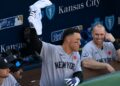 Aaron Judge twirls a towel after the Yankees' 4-3 comeback win over the Royals in the ninth, Kansas City, May 25, 2026.