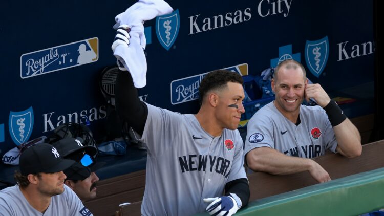 Aaron Judge celebrates the Yankees' 4-3 comeback win over the Royals in the ninth, Kansas City, May 25, 2026.