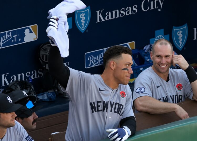 Aaron Judge celebrates the Yankees' 4-3 comeback win over the Royals in the ninth, Kansas City, May 25, 2026.