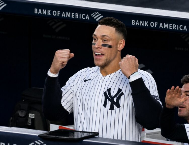 Yankees captain Aaron Judge celebrates as Rice homers during 7-2 win over the Orioles in New York, May 1, 2026.