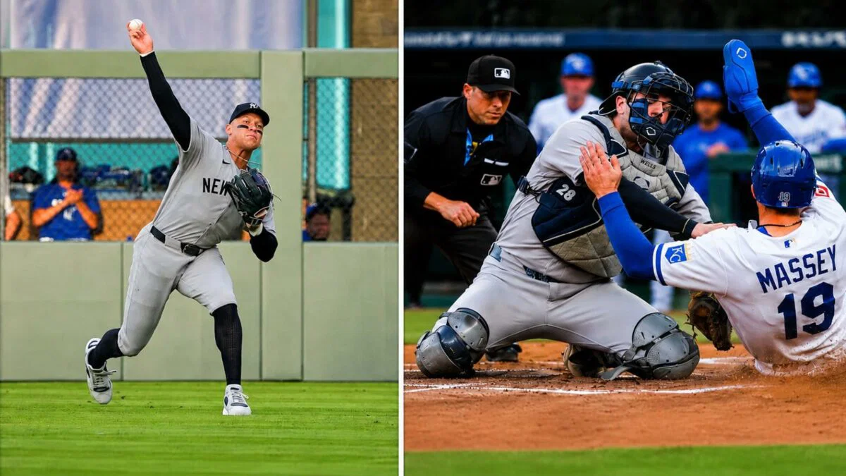Austin Wells marca a Michael Massey en el home tras un lanzamiento de Aaron Judge en la victoria de los Yankees por 7-0 sobre los Royals, Kansas City, 27 de mayo de 2026.