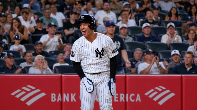 Anthony Volpe celebrates after stealing a run in the Yankees' 7-6 win over the Blue Jays, New York, May 18, 2025.