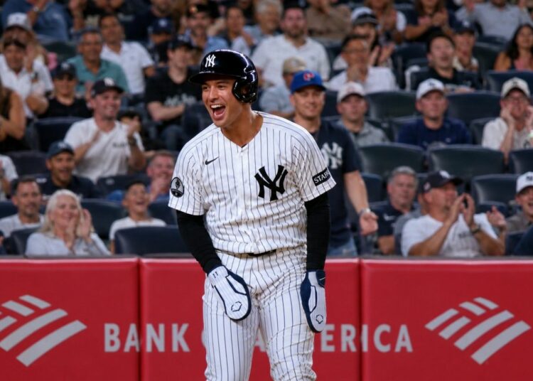 Anthony Volpe celebrates after stealing a run in the Yankees' 7-6 win over the Blue Jays, New York, May 18, 2025.