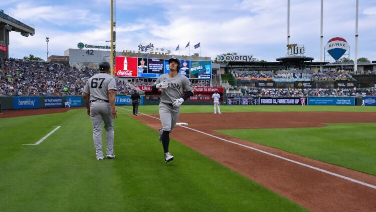 Anthony Volpe rounds after hitting first homer of the season in the Yankees' 15-1 win over the Royals, Kansas City, May 26, 2026.