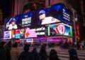 Apple TV+ streams the Yankees-Mets Subway Series game live on a Times Square billboard screen, New York, May 15, 2026.