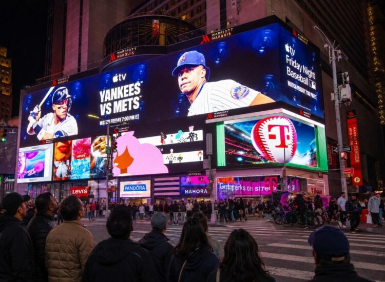 Apple TV+ announces to stream the Yankees-Mets Subway Series game live on a Times Square billboard screen, New York, May 15, 2026.