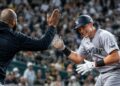 Ben Rice celebrates after hitting his 50th career home run in the Yankees' 8-2 rout of the A's in Sacramento, May 29, 2026.