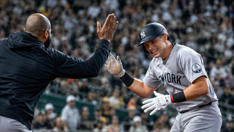 Ben Rice celebrates  after hitting a home run in the Yankees' 8-2 rout of the A's in Sacramento, May 29, 2026.