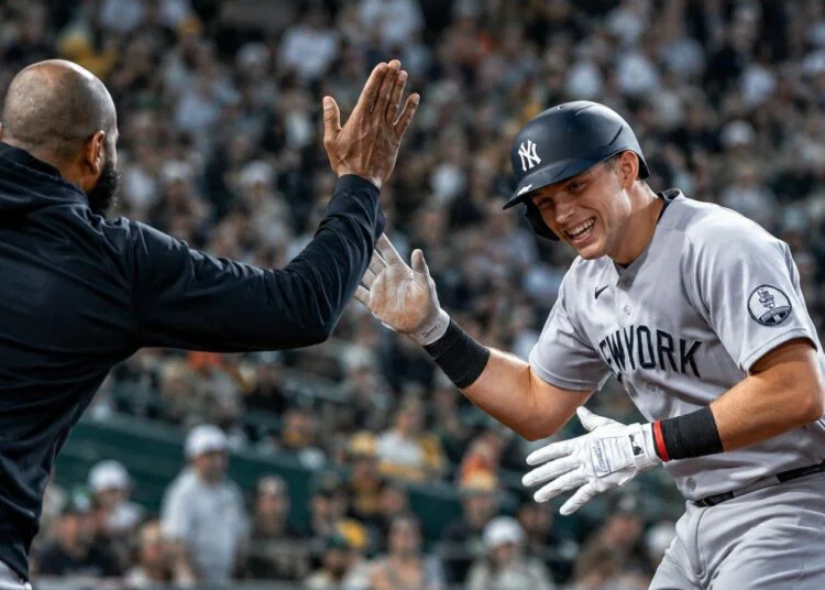 Ben Rice celebrates after hitting a home run in the Yankees' 8-2 rout of the A's in Sacramento, May 29, 2026.