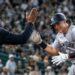 Ben Rice celebrates after hitting his 50th career home run in the Yankees' 8-2 rout of the A's in Sacramento, May 29, 2026.