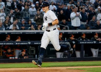 Ben Rice rounds bases after 3-run homer in the Yankees' 7-2 win over the Orioles in New York, May 1, 2026.