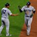 Ben Rice celebrates with Luis Rojas after his home run in the Yankees' 5-2 win over the Mets in New York, May 15, 2026.