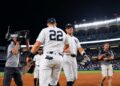 Captain Aaron Judge and Ben Rice celebrate the Yankees' 5-4 win over the Blue Jays, New York, May 19, 2026.