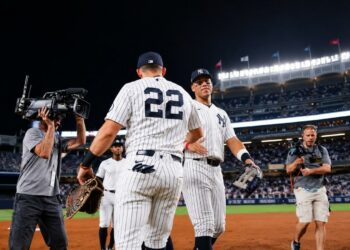 Captain Aaron Judge and Ben Rice celebrate the Yankees' 5-4 win over the Blue Jays, New York, May 19, 2026.