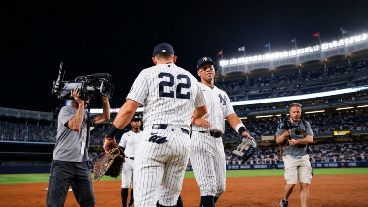 Captain Aaron Judge and Ben Rice celebrate the Yankees' 5-4 win over the Blue Jays, New York, May 19, 2026.