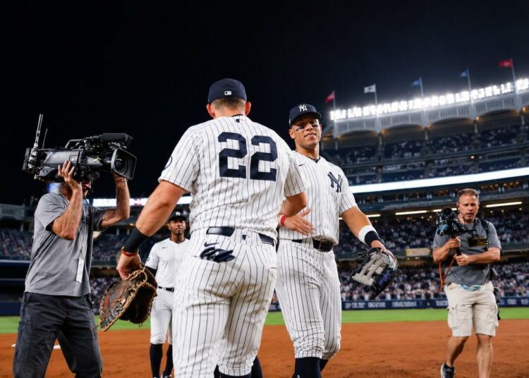 Captain Aaron Judge and Ben Rice celebrate the Yankees' 5-4 win over the Blue Jays, New York, May 19, 2026.