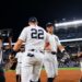 Captain Aaron Judge and Ben Rice celebrate the Yankees' 5-4 win over the Blue Jays, New York, May 19, 2026.