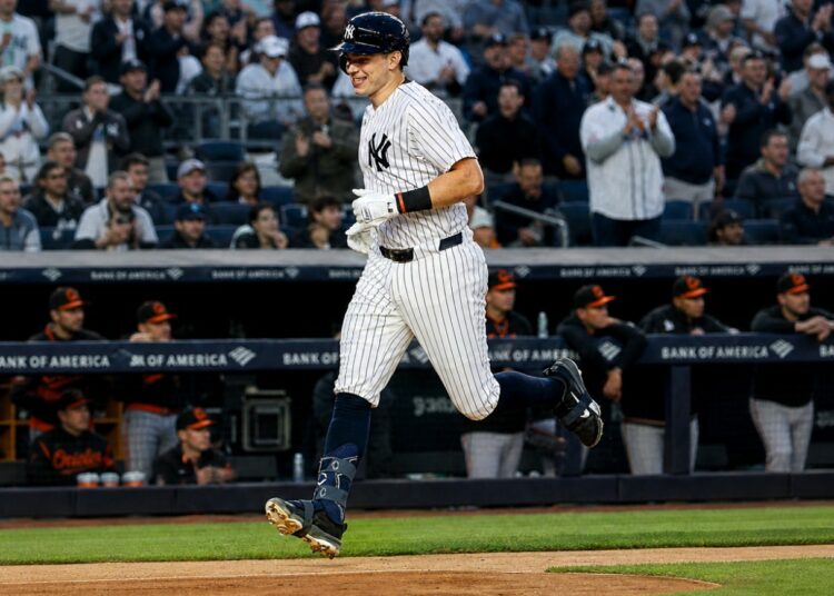 Ben Rice rounds bases after 3-run homer in the Yankees' 7-2 win over the Orioles in New York, May 1, 2026.