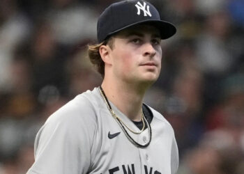 New York Yankees’ Cam Schlittler walks to the dugout during the first inning of a baseball game against the Milwaukee Brewers, Saturday, May 9, 2026, in Milwaukee.