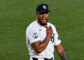 Camilo Doval reacts after the save celebrate in the Yankees' 5-4 win over the Blue Jays, New York, May 19, 2026.