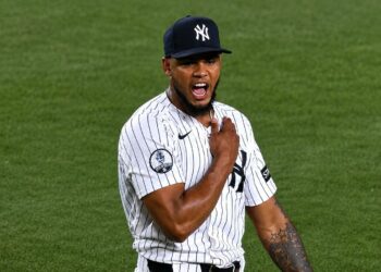 Camilo Doval reacts after the save celebrate in the Yankees' 5-4 win over the Blue Jays, New York, May 19, 2026.