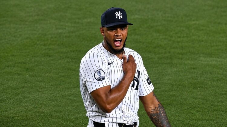 Camilo Doval reacts after the save celebrate in the Yankees' 5-4 win over the Blue Jays, New York, May 19, 2026.