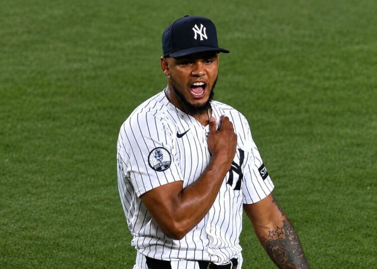 Camilo Doval reacts after the save celebrate in the Yankees' 5-4 win over the Blue Jays, New York, May 19, 2026.