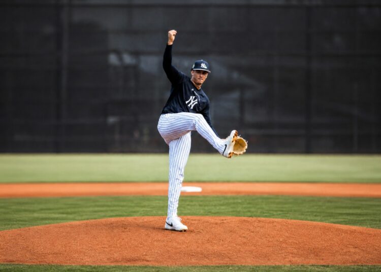 Yankees' rookie ace Carlos Lagrange is on the mound during the 2026 spring training.