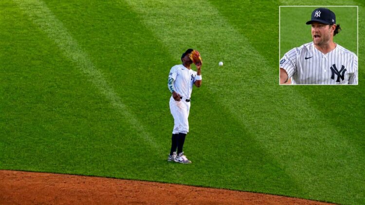 Gerrit Cole grinned as Jazz Chisholm dropped a pop-up in the fifth during the Yankees’ 4-2 loss to the Rays in New York, May 22, 2026.