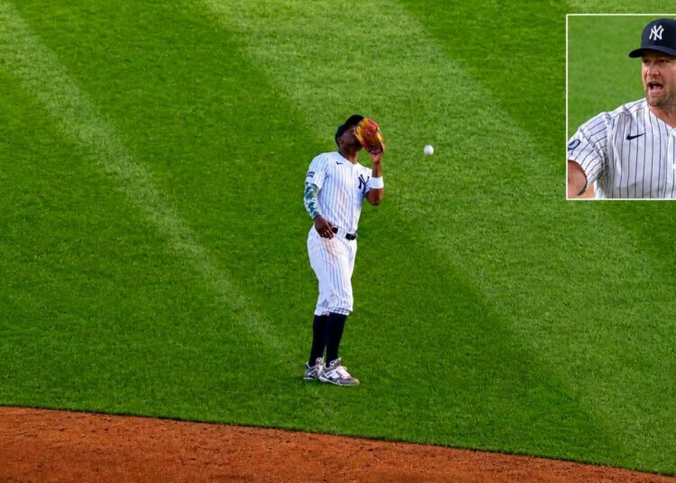 Gerrit Cole grinned as Jazz Chisholm dropped a pop-up in the fifth during the Yankees’ 4-2 loss to the Rays in New York, May 22, 2026.