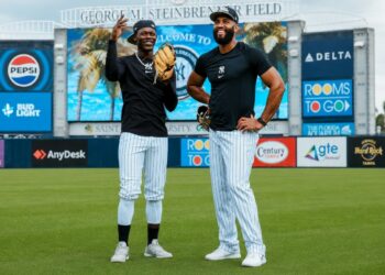 Jazz Chisholm Jr. and Amed Rosario at the New York Yankees Spring Training camp in Tampa, Fl. Feb. 14, 2026.
