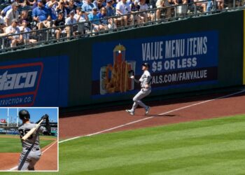 Cody Bellinger hit his first road home run, then crashed into the wall on a foul grab in the Yankees' 4-3 win over the Royals, Kansas City, May 25, 2026.