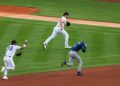Yankees' Gerrit Cole picked off Rays' Simpson and teamed up with Caballero and McMahon to toss the rival runner at third in 4-2 loss in New York, May 22, 2026.